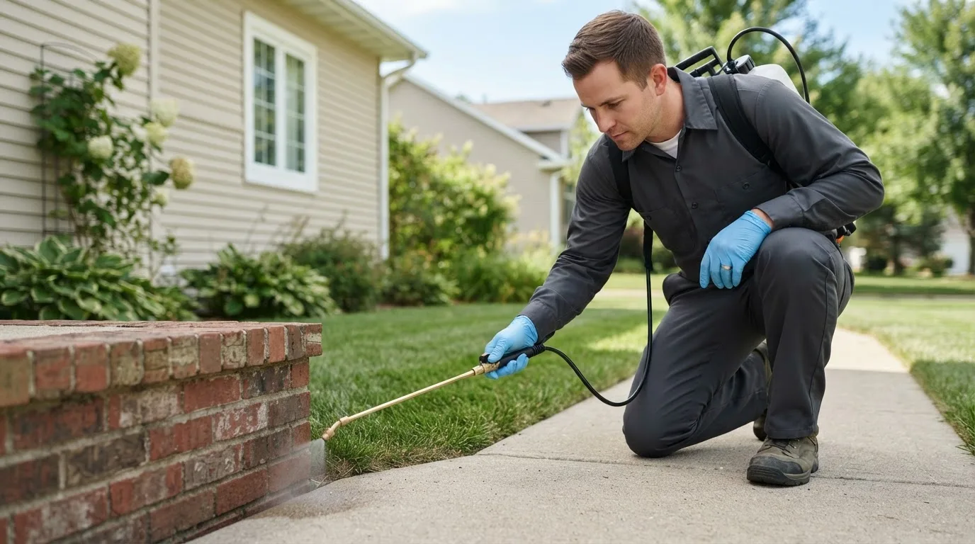 Pest control technician treating a home near Santaquin, UT